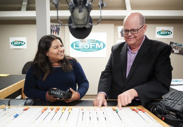 LeoFM advisor Mike Laponis with student